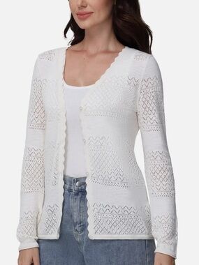 Frye Cotton Coastal Pointelle Button Up Cottagecore Cardigan Sweater